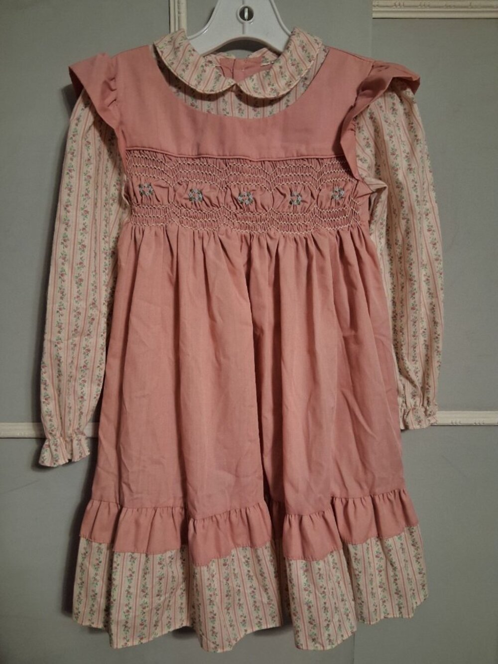 Vtg Girls Sz 6 Polly Flinders Dress Smocked Front Pink Pinafore Floral Sleeves